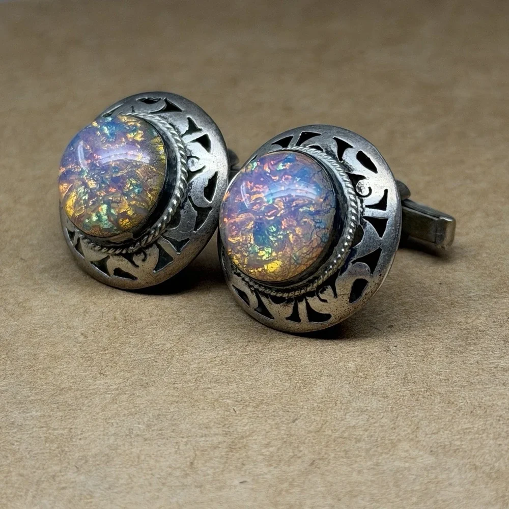 Vintage Sterling Silver Cufflinks Dragon's Breath Glass Cabochon Openwork